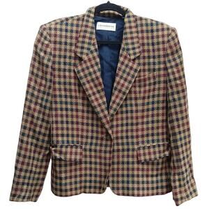 Vintage Liz Claiborne Women's Blazer Size 6 Wool Tan Wine Navy Gun Check Pattern
